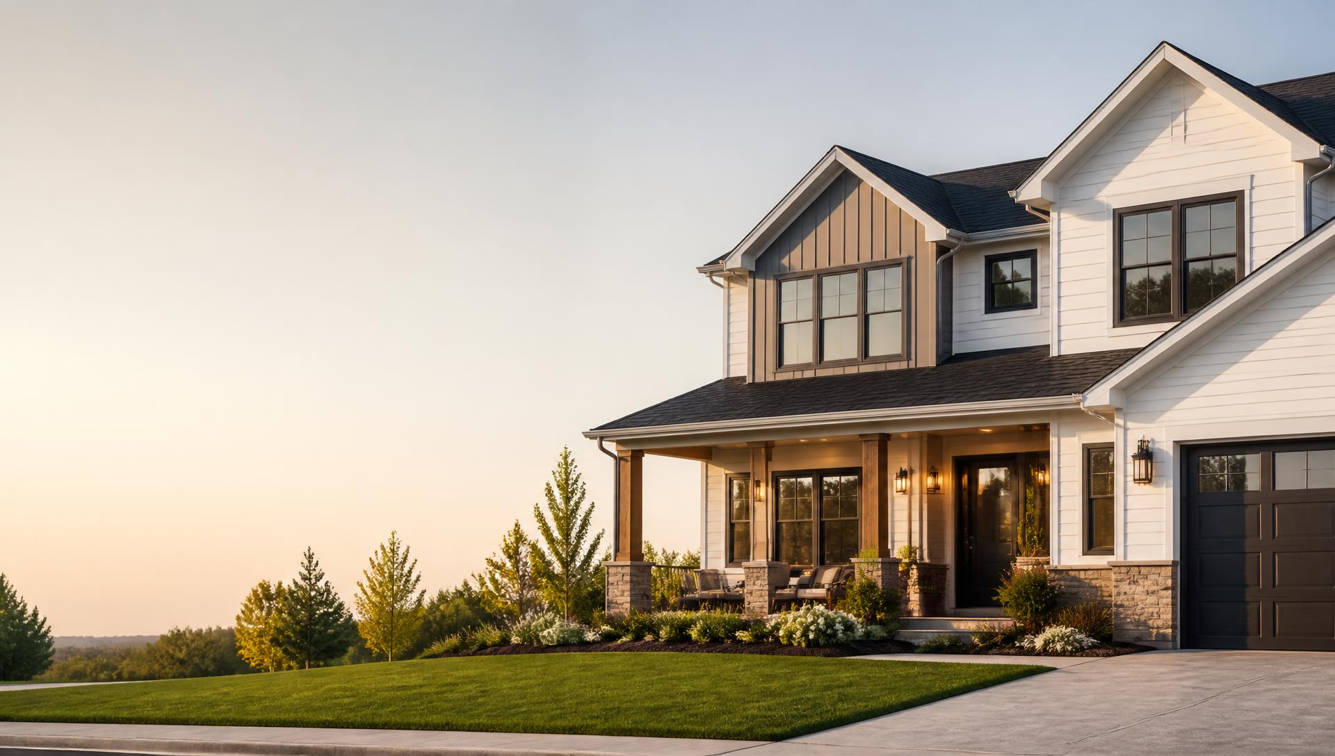 Modern American family home at golden hour with a covered porch and landscaped lawn