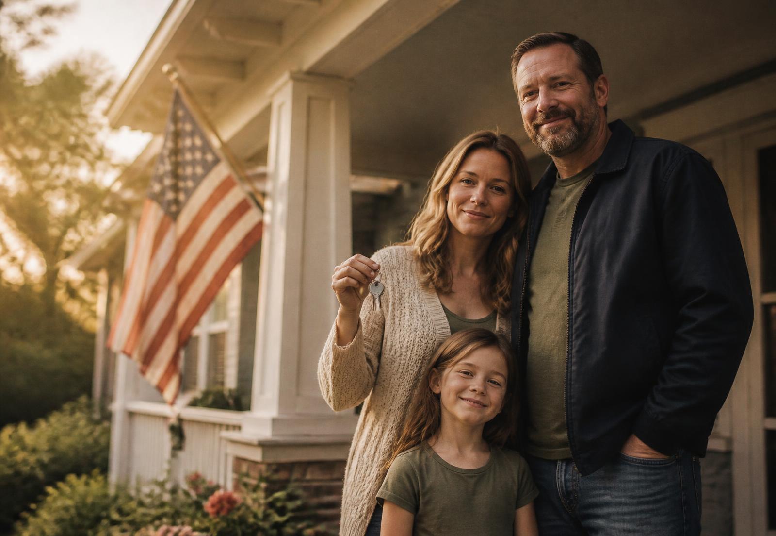 A veteran and his family holding the keys to their new home on the front porch