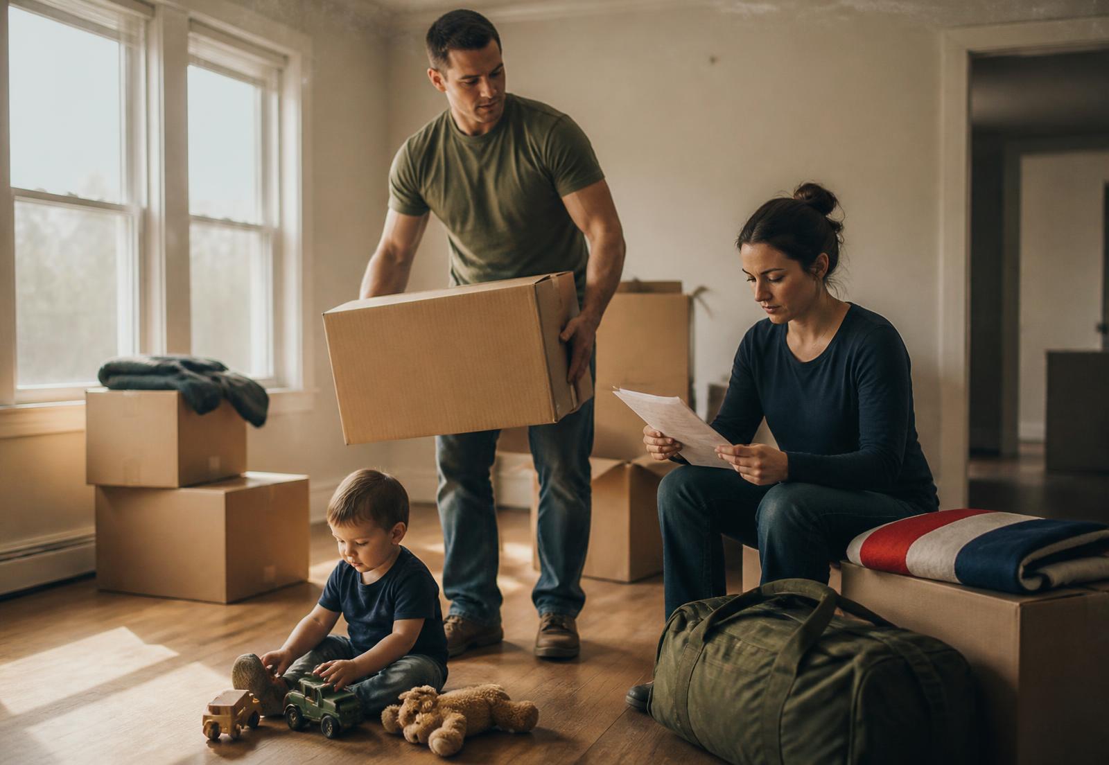 A military family packing moving boxes in their new home during a PCS relocation